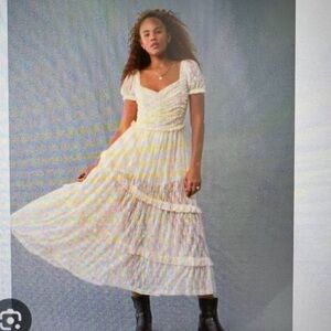 American Eagle Outfitters Cream Tiered Puff-Sleeve Midi Dress